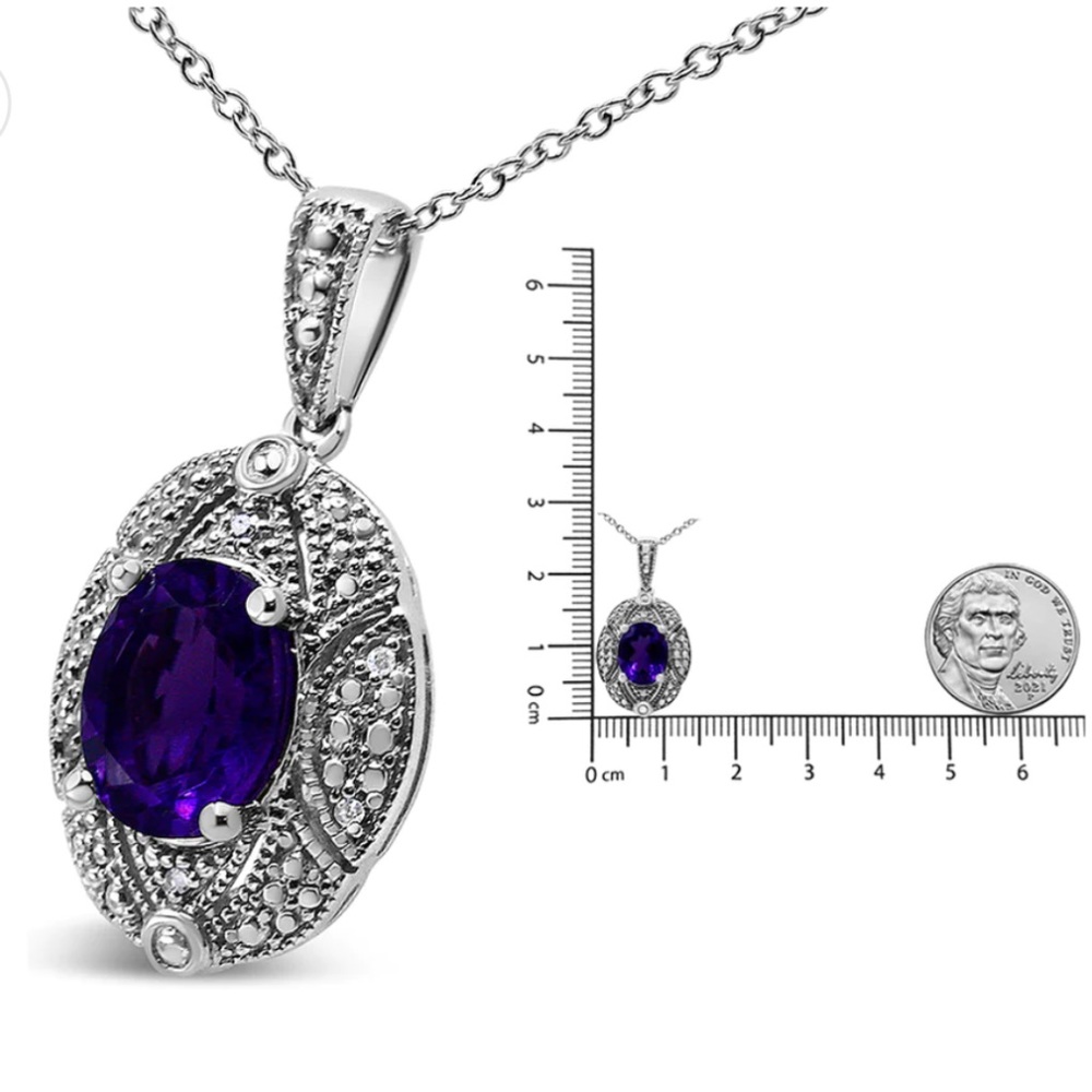 Haus of Brilliance .925 Silver Diamond Accent Oval Amethyst Pendant Necklace - Picture 3 of 5